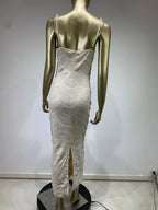 Women V Neck White Pearl Beading Maxi Dress