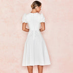 Pretty First Impression Puff Sleeve Pleated Buttons Midi Dress