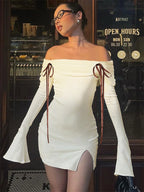 Backless Lace Up Slim MIni Dress Women's Elegant Ribbed Long Sleeve Off Shoulder Summer 2024 Dress Female Party Dress