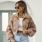 Cropped Corduroy Lantern Sleeve Jacket