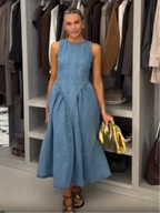 Denim Slim ONeck Sleeveless High Waist Pleated Work Dress