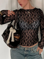 Floral Print Mesh ONeck Long Sleeve Sheer Top