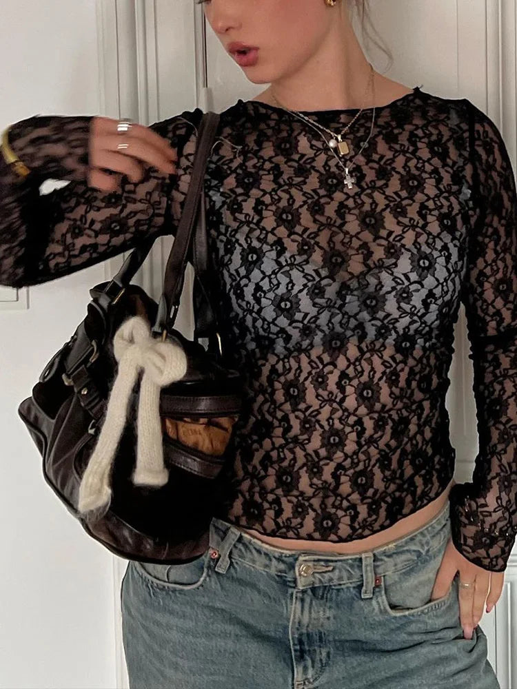 Floral Print Mesh ONeck Long Sleeve Sheer Top