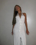 White Floral Halter Sleeveless Ruffled Long Dress