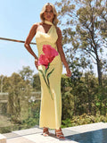 Print Yellow Spaghetti Strap Long Dress
