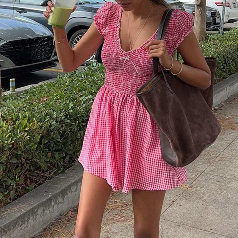 Gingham Vneck Shirred Plaid Romper