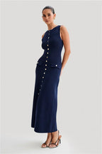 Knit Maxi Dress with Pockets Button - Front