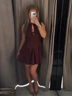 Hollow Out Bow Sleeveless Pleated Short Dress