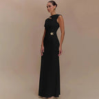 Hollow Out Metal Buckle Solid Short Sleeve Long Dress