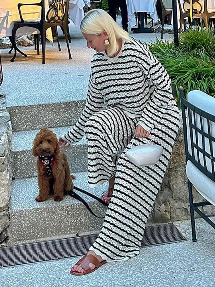 Hollow Striped Wide Leg Knit Set