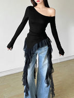Irregular Patchwork Gauze Sheer Top