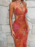 Halter Laceup Cutout Maxi Floral Dress