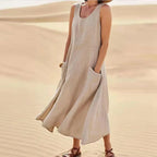 Brianna Boutique Women's Long Summer Dress in Cotton Linen with Pockets Premium Wardrobe Essential