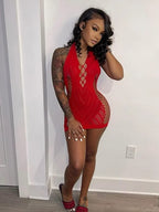 Transparent Lace Halter Backless Mini Dress