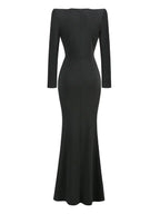Deep V Neck Black Rhinestone Floor Long Dress