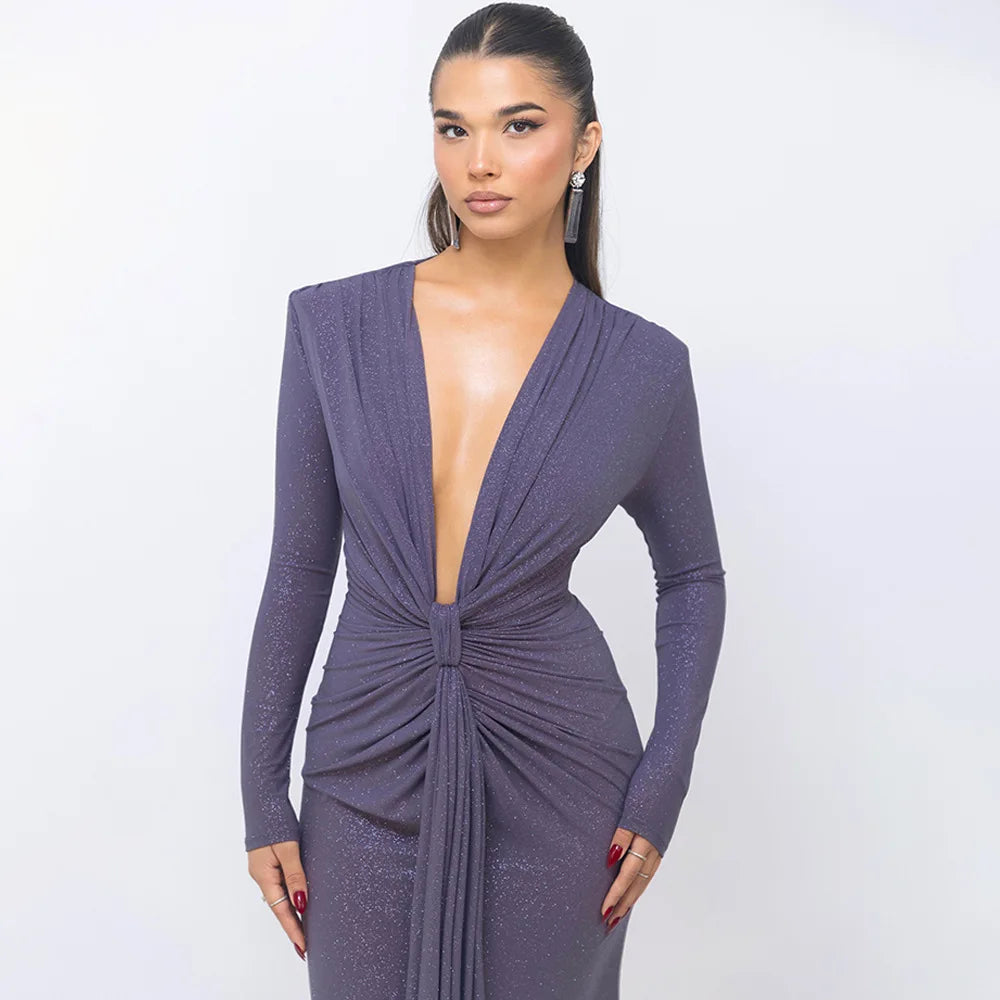 Elastic Deep V - Fold Lace Maxi Dress