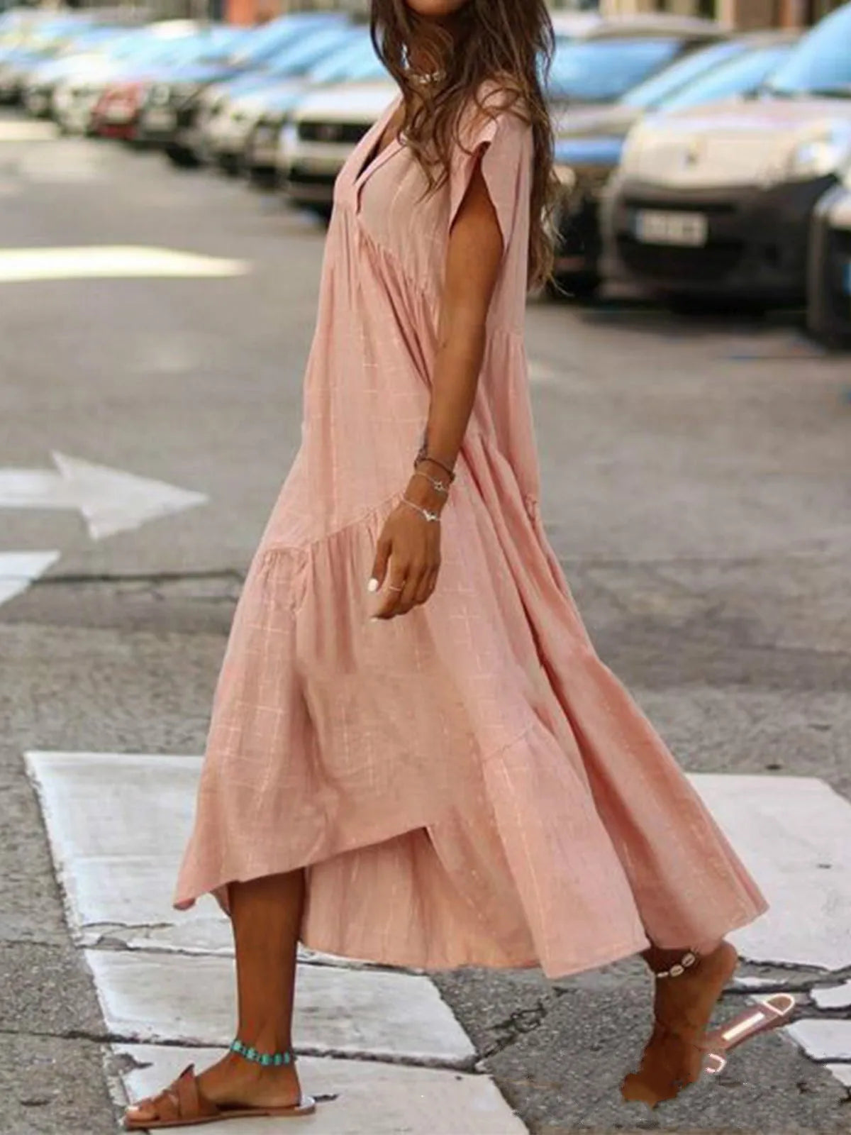Cotton Linen Oversize Loose Vneck Boho Dress