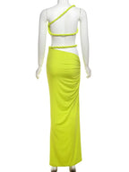 Green Oblique Shoulder Top Thigh High Split Long Skirt Set