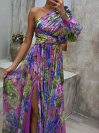 Ida Boutique Long Dress with Side Slit and Purple Print Chic Silhouette Collection