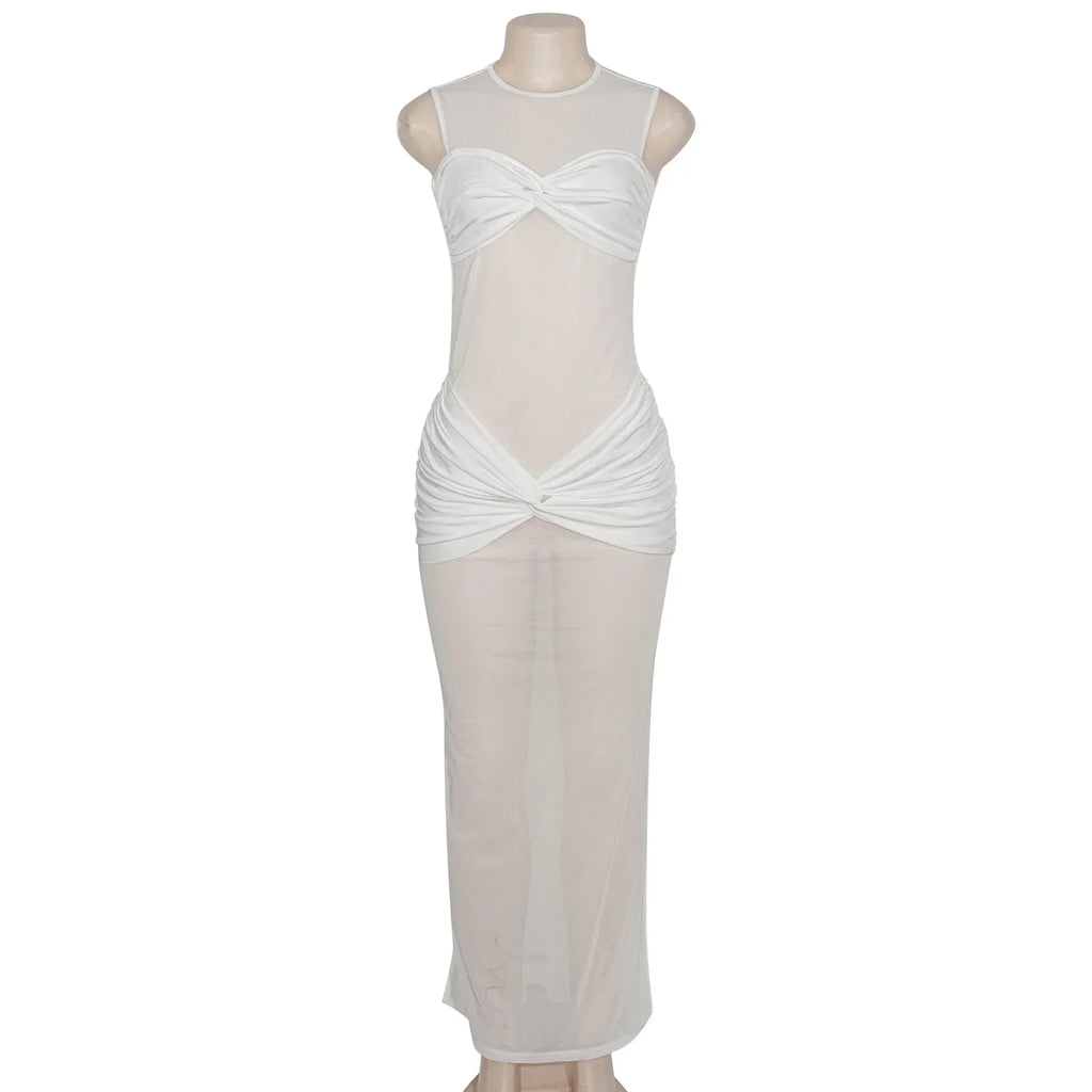 White See - Through Pleated Mesh Long Dress