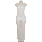 White See - Through Pleated Mesh Long Dress