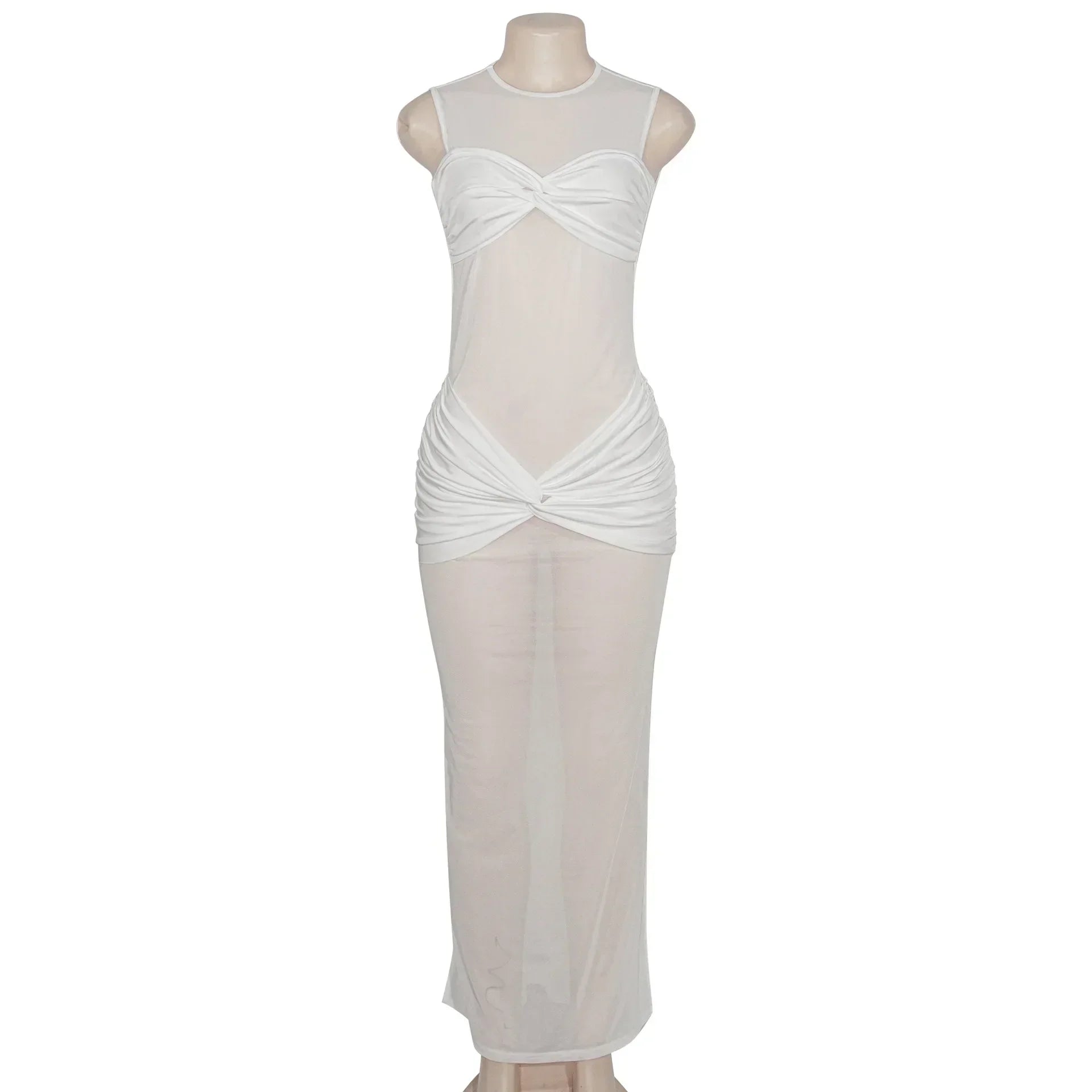 White See - Through Pleated Mesh Long Dress
