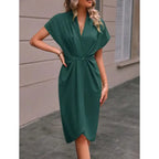 Short Sleeve Deep V Neck Draped High Waist Work Dress