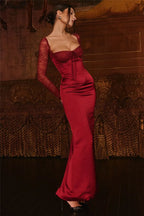 Square Collar Lace - Up Backless Long Sleeve Maxi Dress