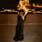 Sheer Mesh Spaghetti Strap Glitter Long Dress