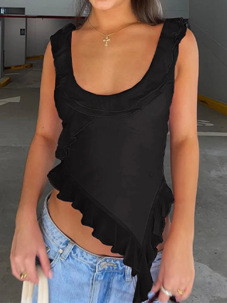 Ruffled Backless O-Neck Crop Top