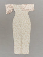 Slash Neck Embossed Flower Beige Dress