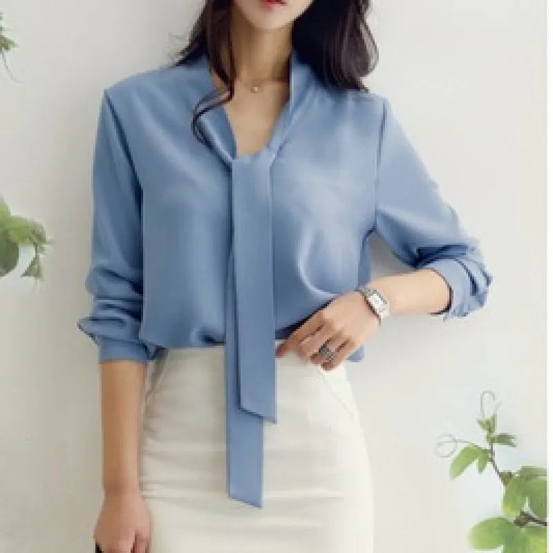 Casual Long Sleeve Bow Tie Fashion Vneck Chiffon Blouse