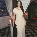 Hollow Out Metal Buckle Solid Short Sleeve Long Dress