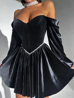 Velvet Strapless Mini Dress Off Shoulder Party Outfit