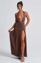 Open Back Solid Thigh High Split Long Dress
