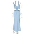 Halter Backless Blue Lace - up Maxi Dress