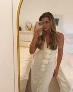 White Floral Halter Sleeveless Ruffled Long Dress