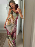 Floral Print Backless Halter Dress with Split for Women