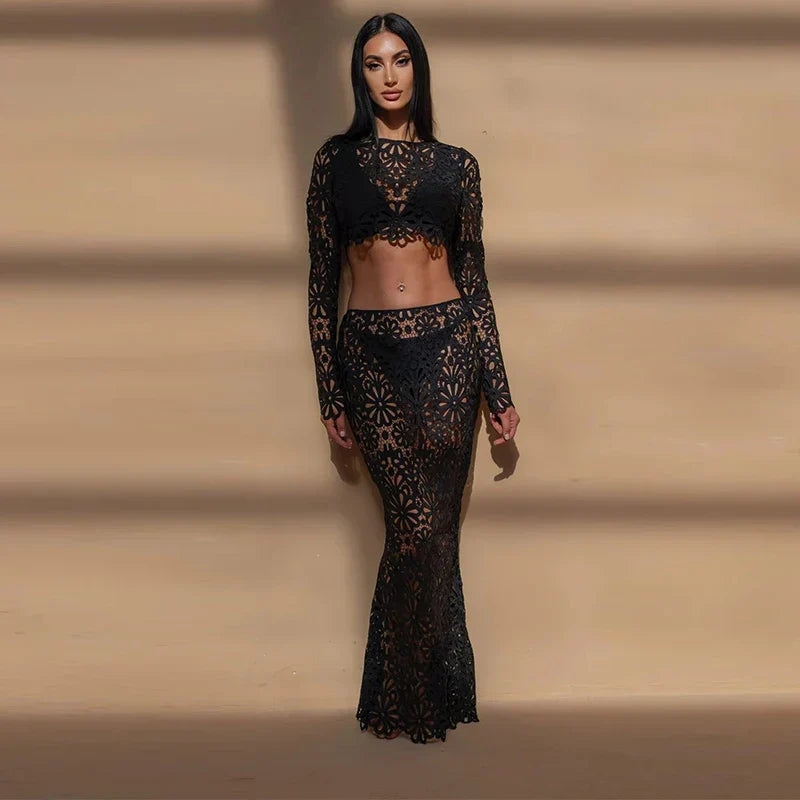 Crochet See Through Flare Sleeve Long Two Piece Skirt Set