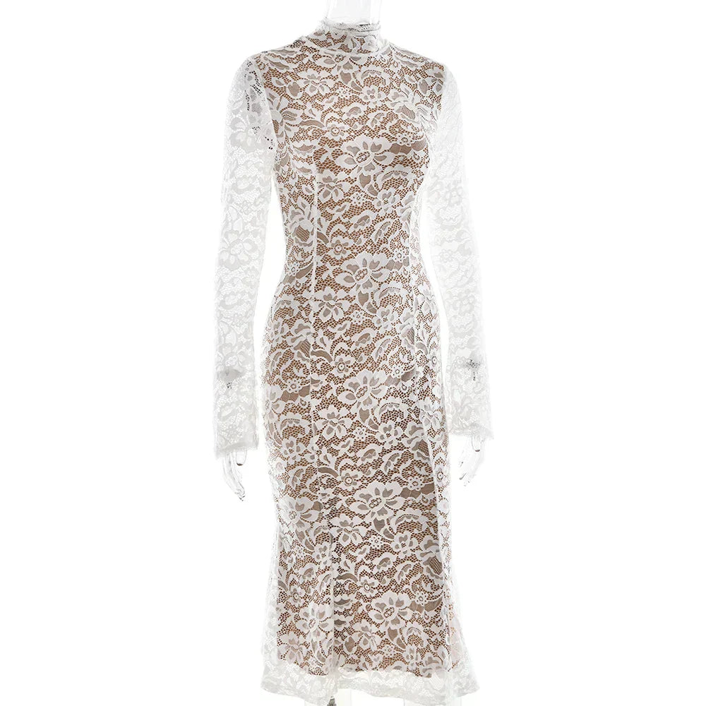 Lace White Long Sleeve Turtleneck Dress