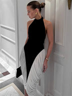 Patchwork Halter Backless Contrast Pleated Midi Dress