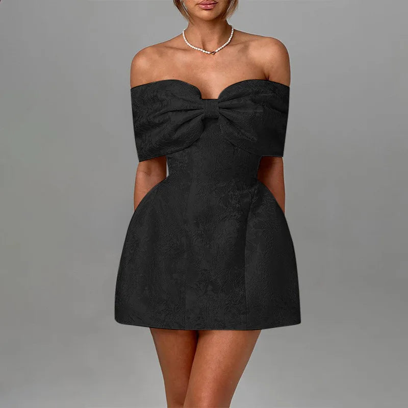 Bow Off Shoulder Backless A - line Jacquard Party Dress