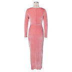Elegant Velvet High Waist Slit Maxi Dress Long Sleeve Evening Party Dress