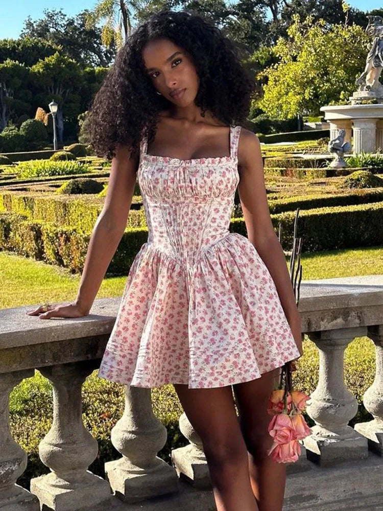 Flower Printed Open Back A - line Corset Mini Dress