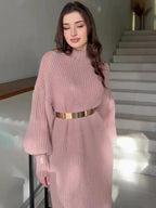 Turtleneck Pullover Solid Sweater Dress With Belt