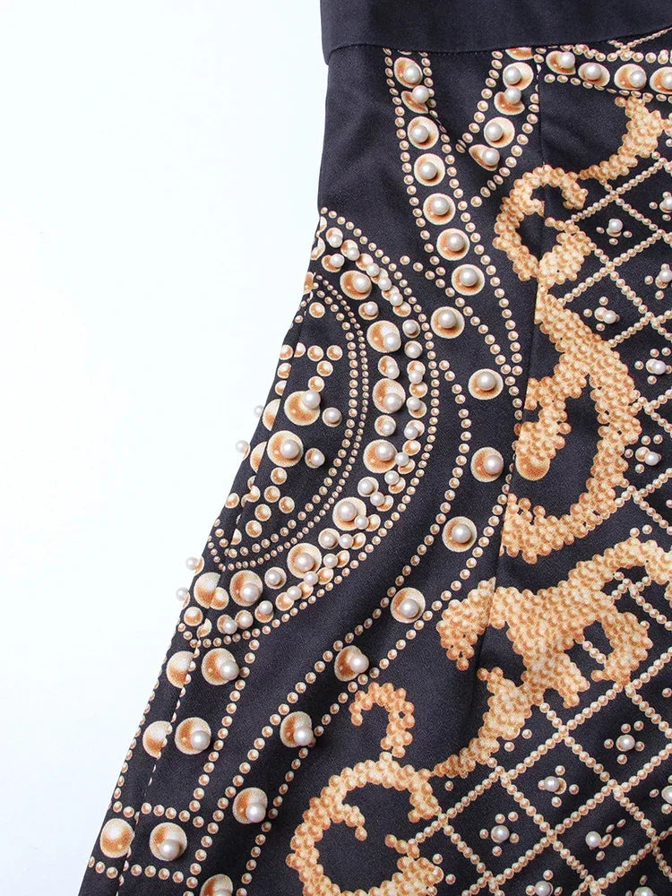 Printed Diagonal Neck Off One - Shoulder Patchwork Bead Dress