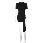 Short Sleeve Draped Black Metal Buckle Mini Dress