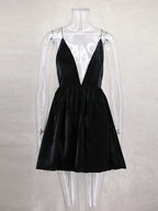 Velvet Deep V Neck Mini Lantern Dress