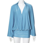 Plunge Long Sleeve Solid Color Mini Dress
