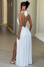 Open Back Solid Thigh High Split Long Dress
